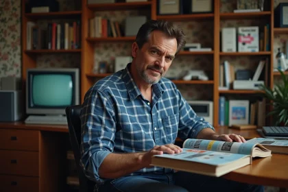 Homme lisant un magazine informatique vintage dans un bureau cosy