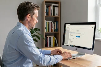 Homme configurant les paramètres de son navigateur pour accéder au webmail EDF sur un ordinateur de bureau