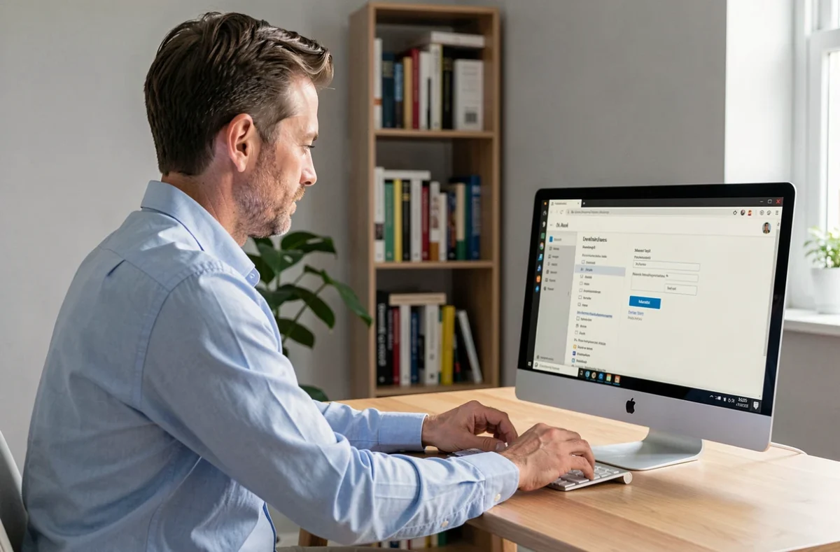 Homme configurant les paramètres de son navigateur pour accéder au webmail EDF sur un ordinateur de bureau
