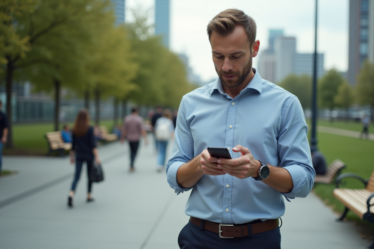 Homme lisant un SMS dans un parc urbain animé