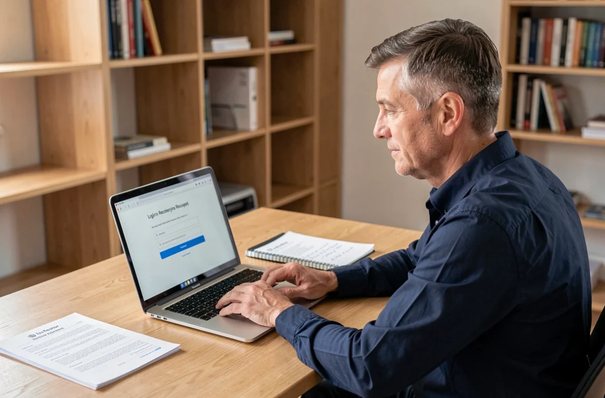 Homme récupérant l'accès à son compte irldr depuis un ordinateur portable dans un bureau à domicile