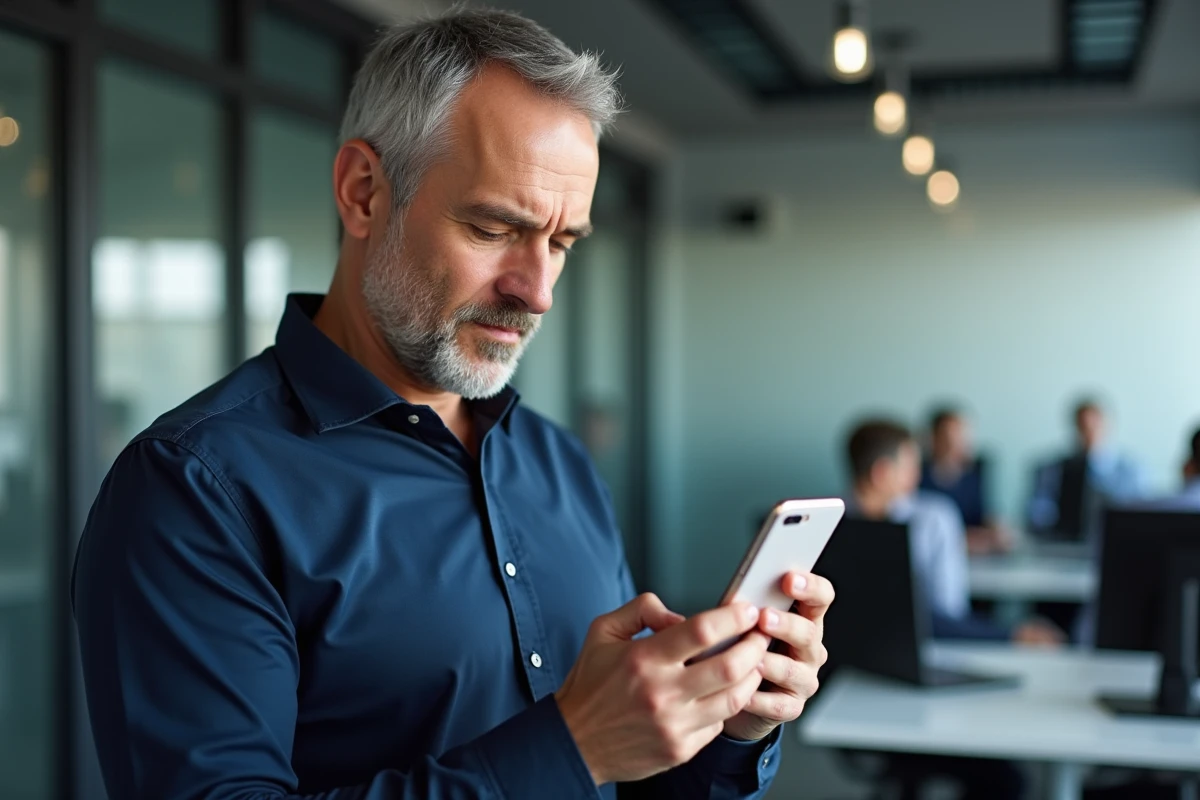 Homme en bureau regardant son smartphone pour réinitialiser son mot de passe de compte en ligne MyPrimobox