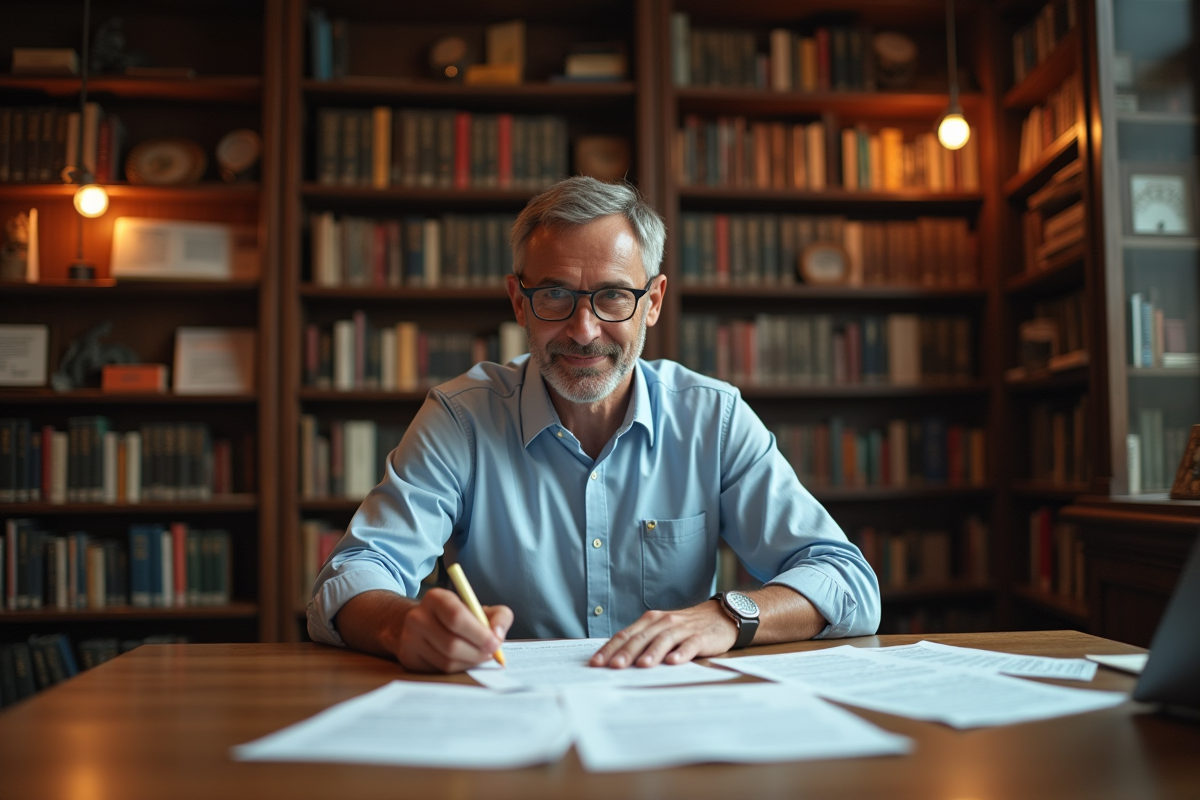 Homme etudiant des fiches SQL dans une bibliotheque
