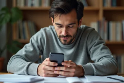 Un homme tenant un Samsung Galaxy A25 et consultant les mises à jour logicielles sur l'écran