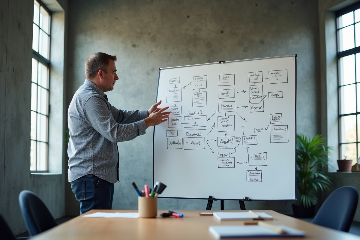 Homme expliquant schémas de base de données en réunion