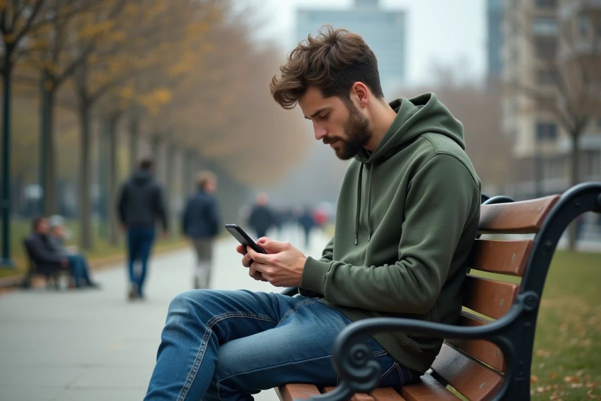Jeune homme vérifiant son smartphone sur un banc de parc