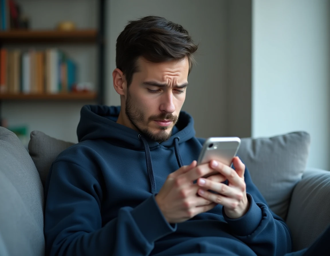 Homme perplexe consultant son smartphone dans un appartement moderne pour accéder à une story Instagram privée ou bloquée