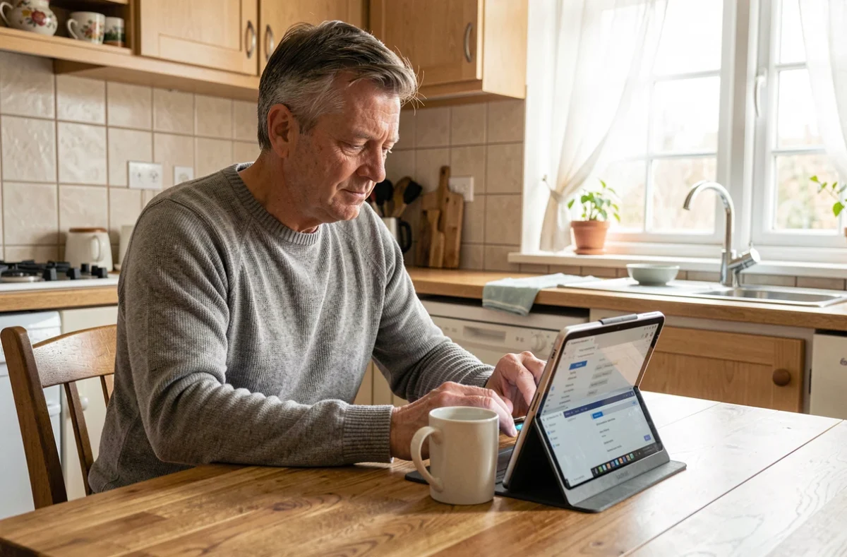 Homme vérifiant les paramètres de connexion de son navigateur pour accéder au webmail depuis une tablette à domicile