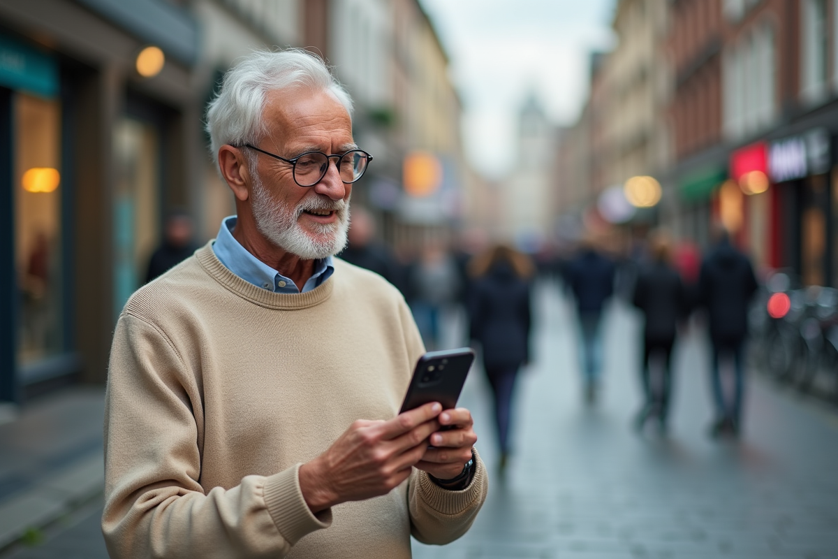 Homme âgé en appel vidéo dans la rue animée de la ville