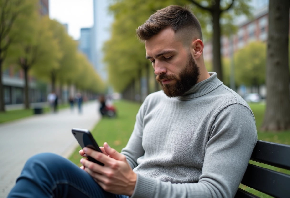 Homme en plein air regardant Instagram Reels sur smartphone