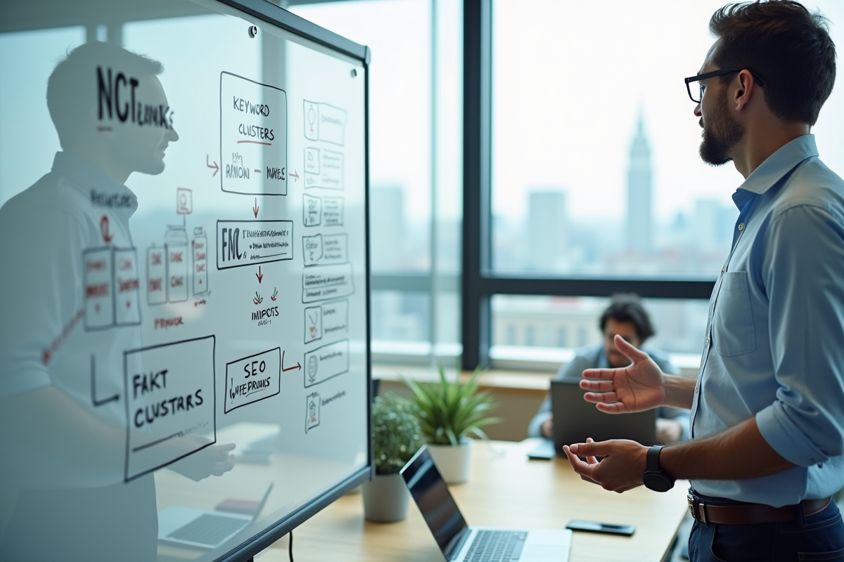Homme expliquant un workflow SEO devant un tableau blanc