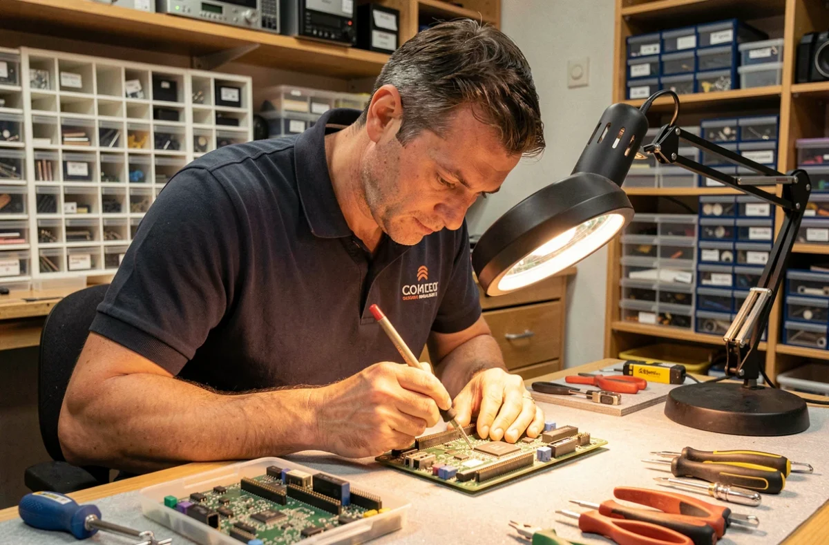 Technicien d'Informatik81 effectuant une soudure sur une carte mère dans un atelier de réparation informatique à Albi