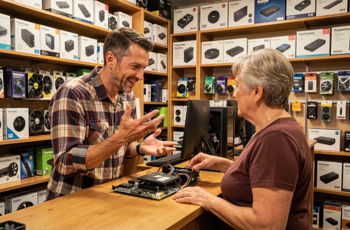 Technicien d'Informatique-Addict.Fr Albi conseillant une cliente sur une mise à niveau matérielle en boutique
