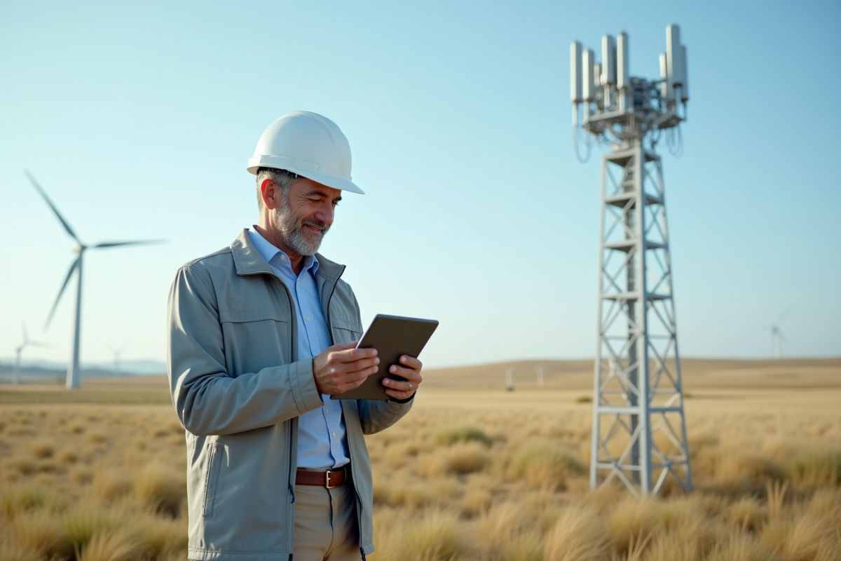 Ingénieur inspectant une antenne 5G dans un champ avec éoliennes