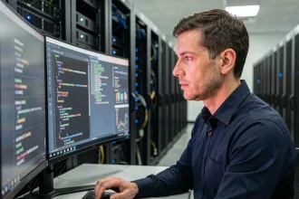 Ingénieur en cybersécurité surveillant des workloads sensibles dans un data center hybride cloud