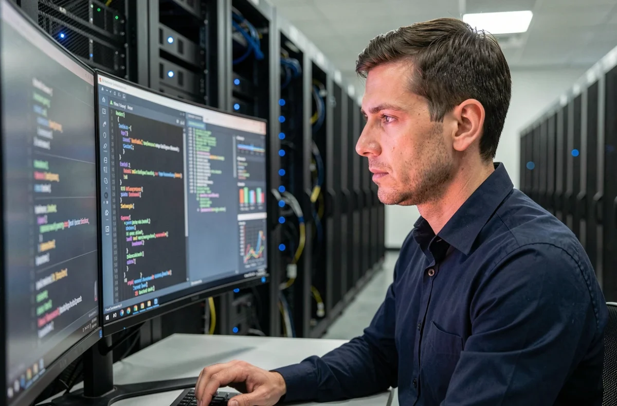 Ingénieur en cybersécurité surveillant des workloads sensibles dans un data center hybride cloud