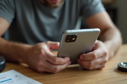 Homme inspectant un Google Pixel 8 Pro d'occasion en cherchant des défauts physiques sur l'écran et le châssis