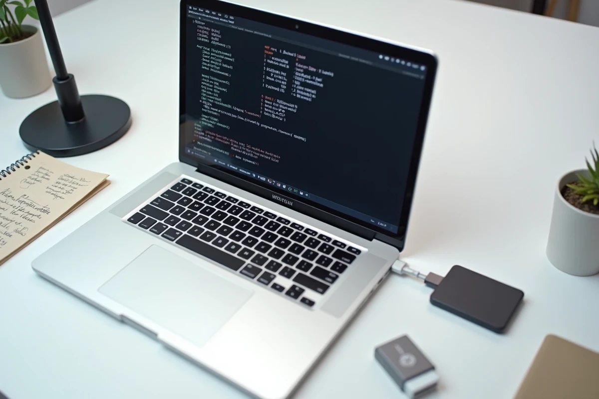 Vue à plat d'un ordinateur portable avec interface de conversion vidéo MP4 et accessoires sur bureau minimaliste