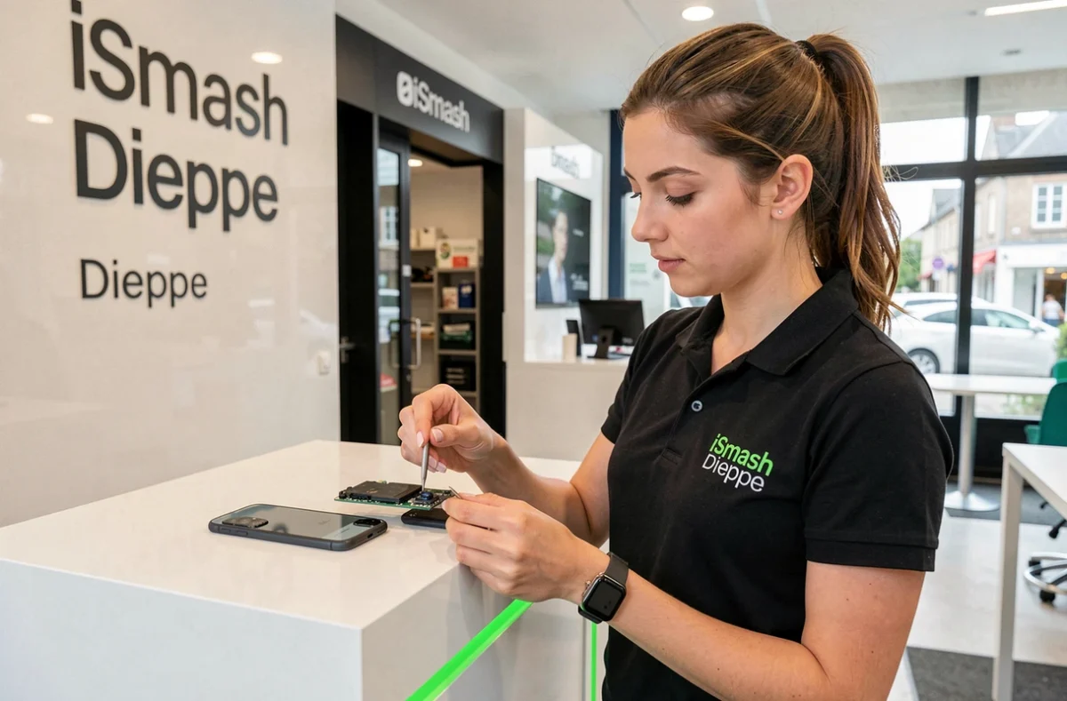 Technicienne iSmash Dieppe installant un module caméra de remplacement dans un smartphone avec des pinces de précision