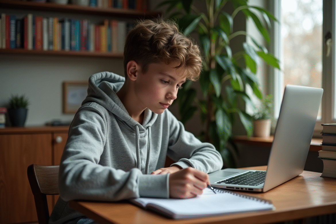Jeune garçon concentré à son bureau d'étude à la maison