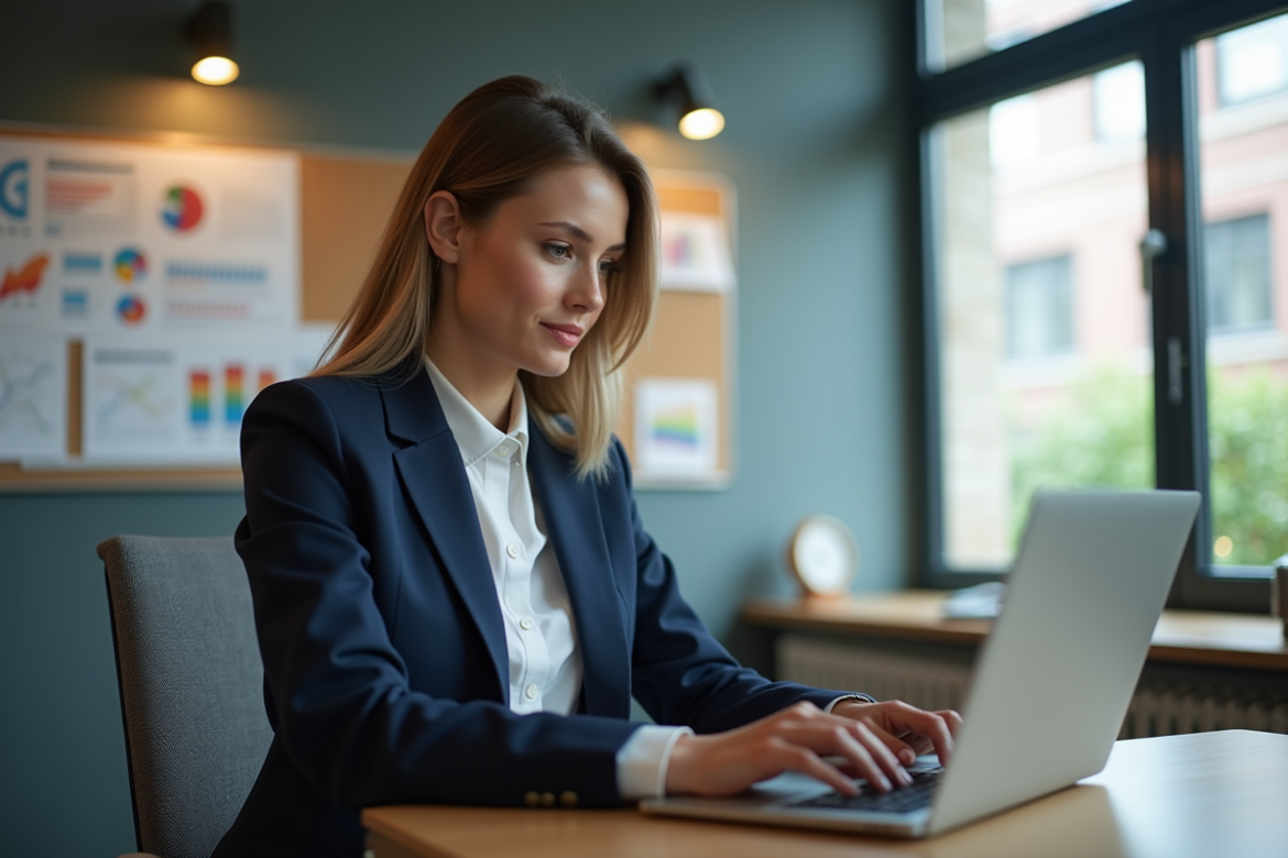 Jeune femme professionnelle travaillant sur un ordinateur dans un bureau moderne