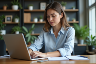 Jeune femme concentrée travaillant sur son ordinateur au bureau