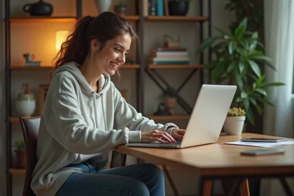 Jeune femme au bureau convertissant playlist YouTube en MP3