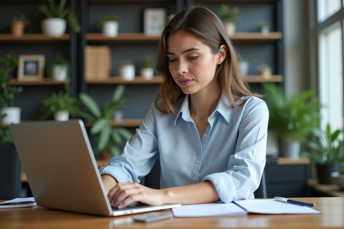 Jeune femme concentrée travaillant sur son ordinateur au bureau