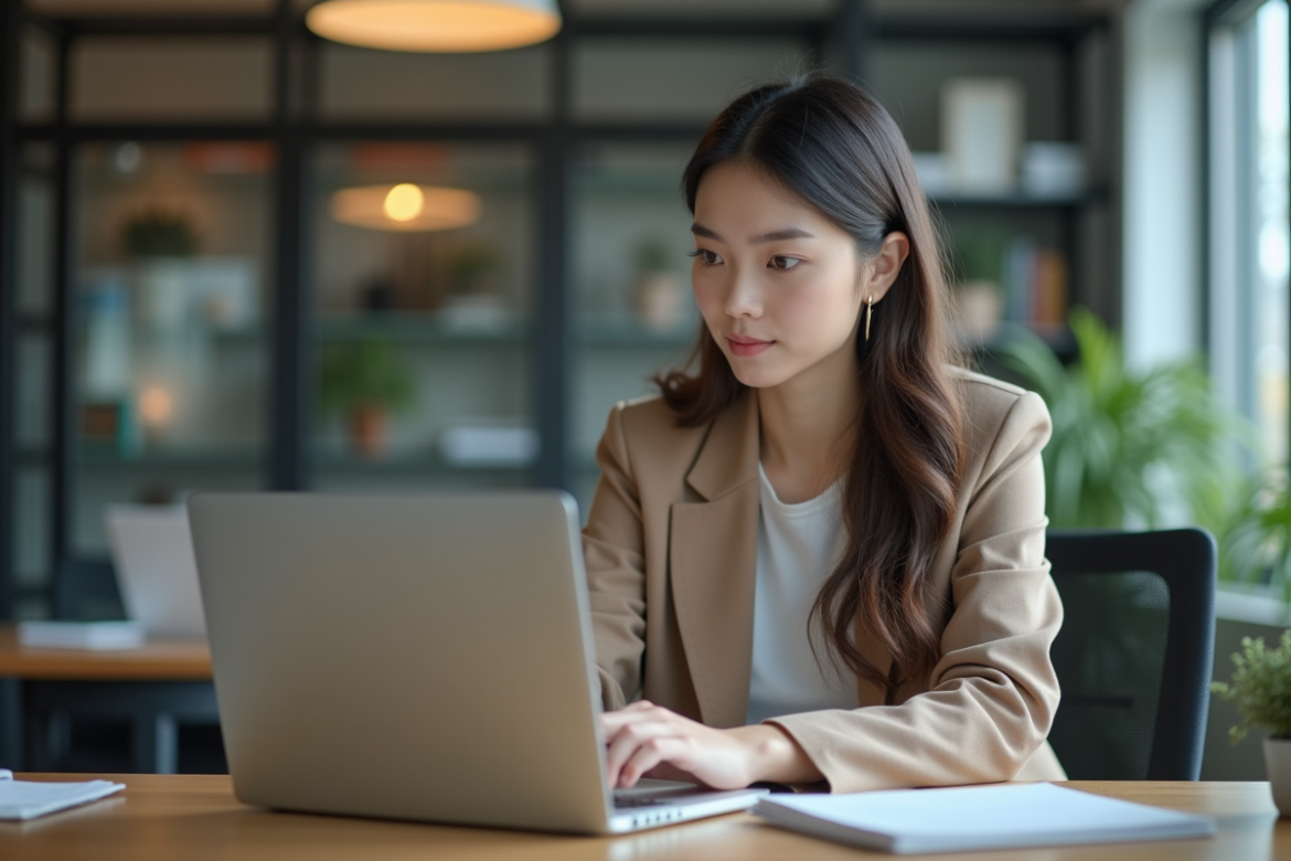 Jeune femme professionnelle concentrée sur son ordinateur dans un bureau moderne