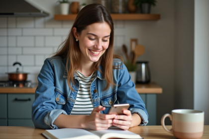 Jeune femme souriante utilisant son smartphone à la maison