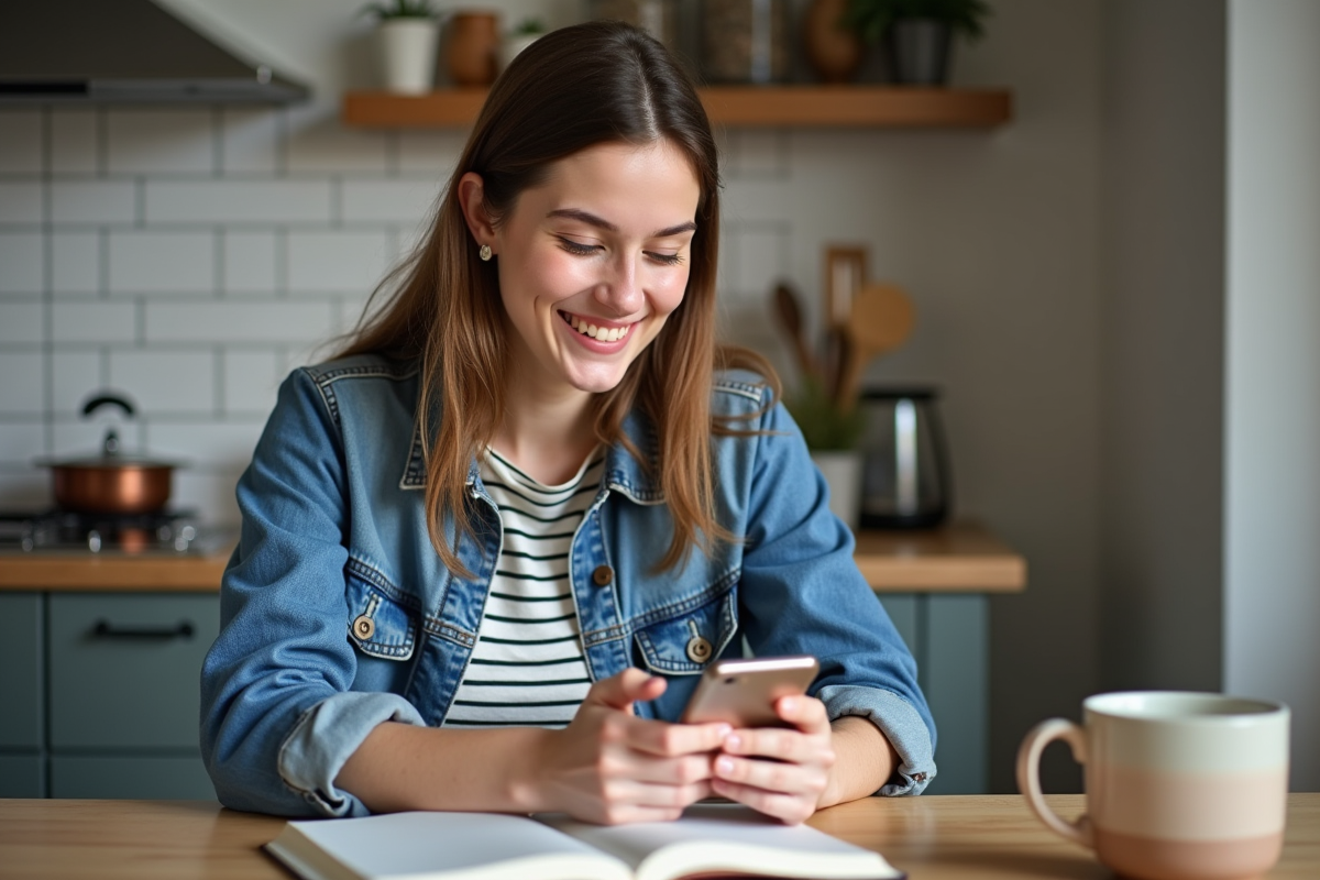 Jeune femme souriante utilisant son smartphone à la maison