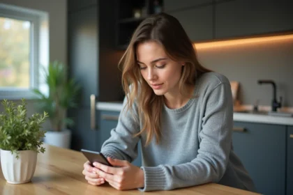 Jeune femme installant son smartphone dans une cuisine moderne