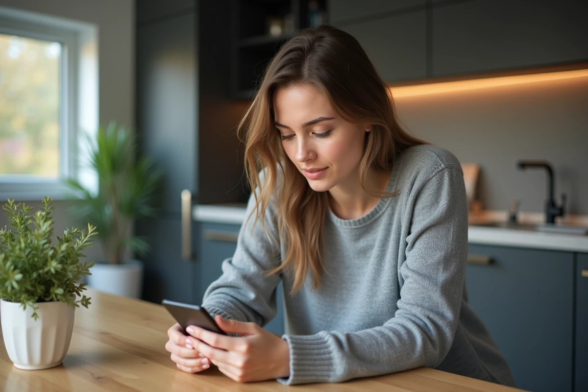 Jeune femme installant son smartphone dans une cuisine moderne