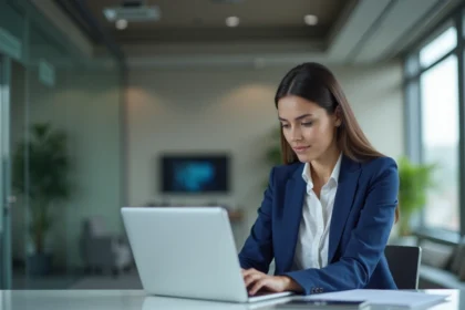 Jeune femme en blazer bleu vérifiant ses paramètres de confidentialité