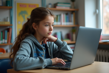 Jeune fille au laptop affichant MBN dans une classe moderne