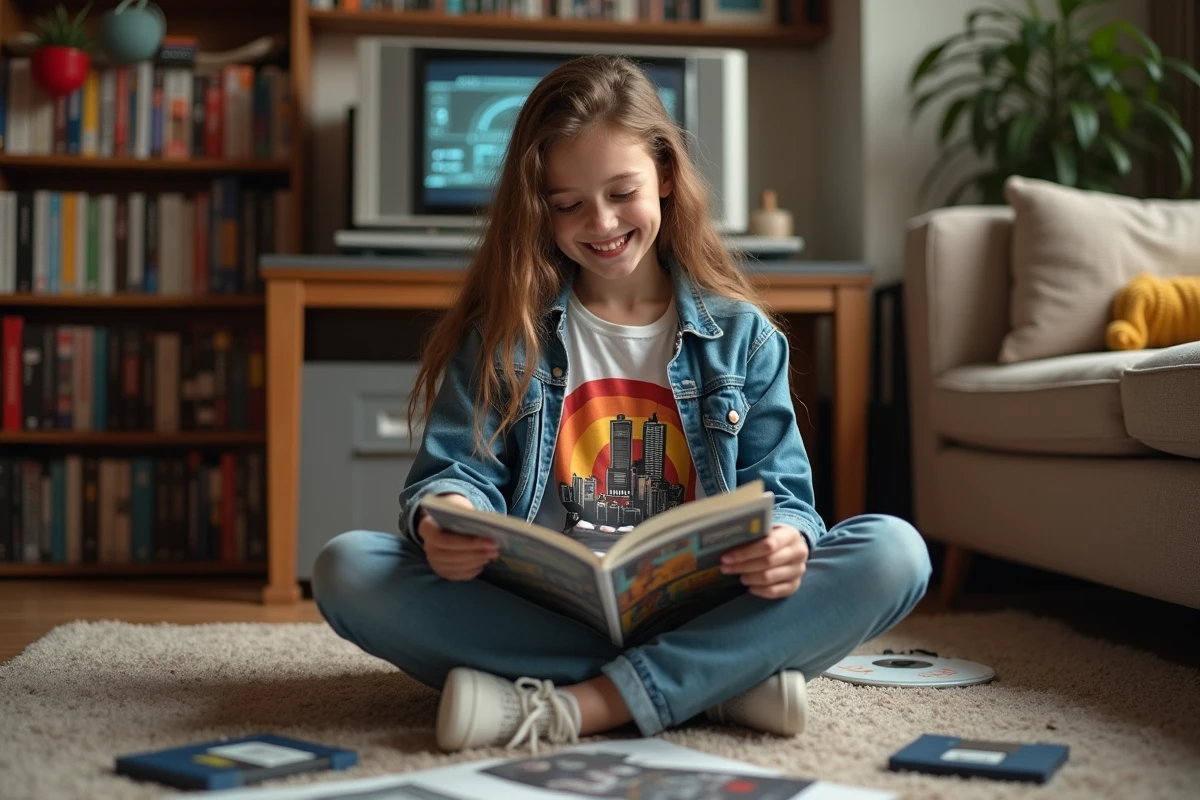 Jeune fille riant avec disquettes et vieux accessoires informatiques