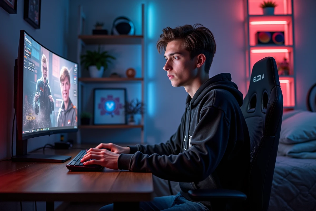 Jeune homme concentré jouant à un jeu vidéo dans sa chambre