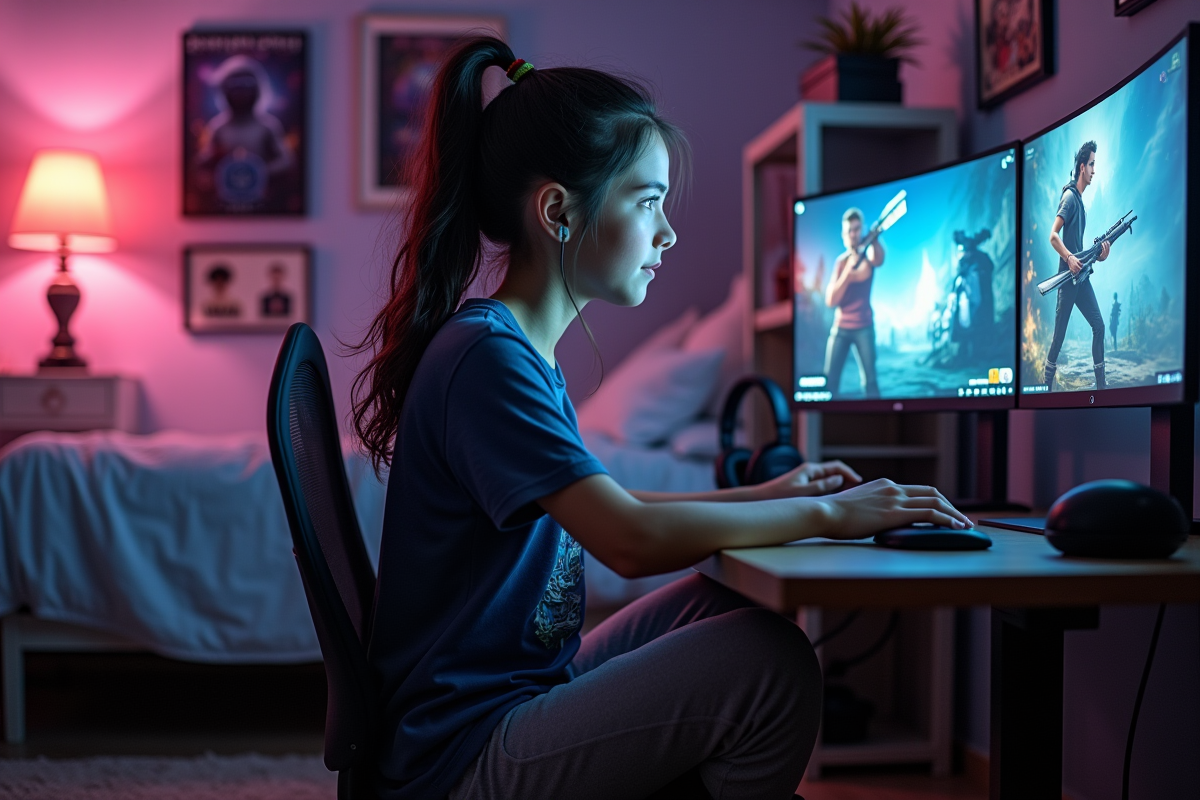 Jeune fille jouant en ligne sur un grand écran dans sa chambre
