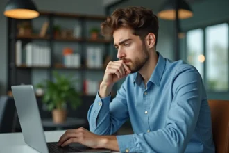 Jeune homme au bureau regardant son ordinateur portable