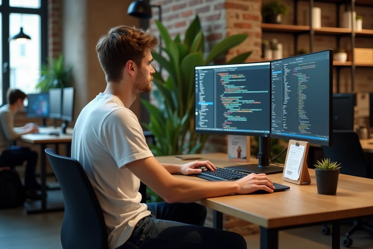 Jeune homme apprenant le code HTML dans un espace de coworking moderne avec un grand écran et un clavier mécanique