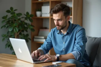 Jeune homme en casual configure son WiFi dans son salon