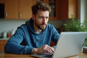 Jeune homme étudiant devant un ordinateur portable à la maison