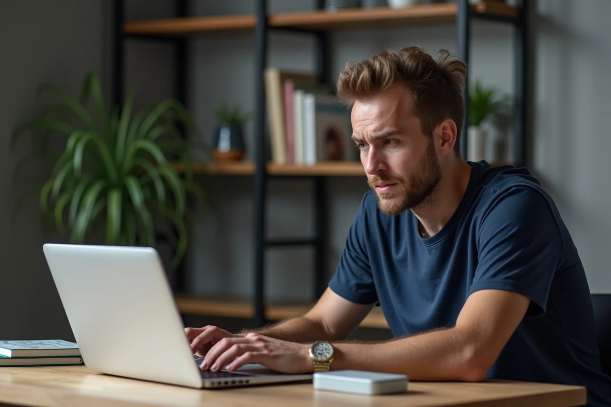 Jeune homme regardant son routeur internet dans un bureau moderne