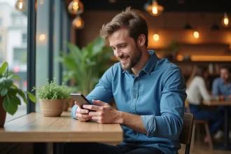 Jeune homme utilisant smartphone dans un café moderne