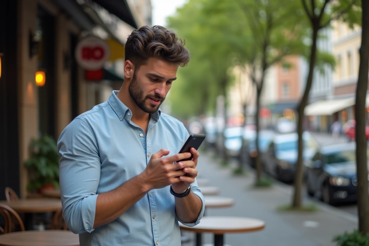 Jeune homme utilisant son iPhone dans un café en ville