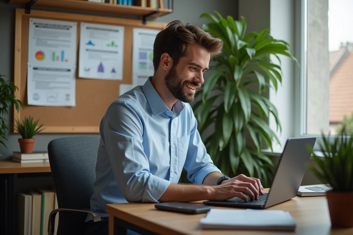 Jeune homme travaillant sur son ordinateur à domicile