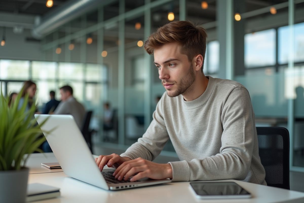 Jeune homme tapant sur un ordinateur dans un espace de travail moderne