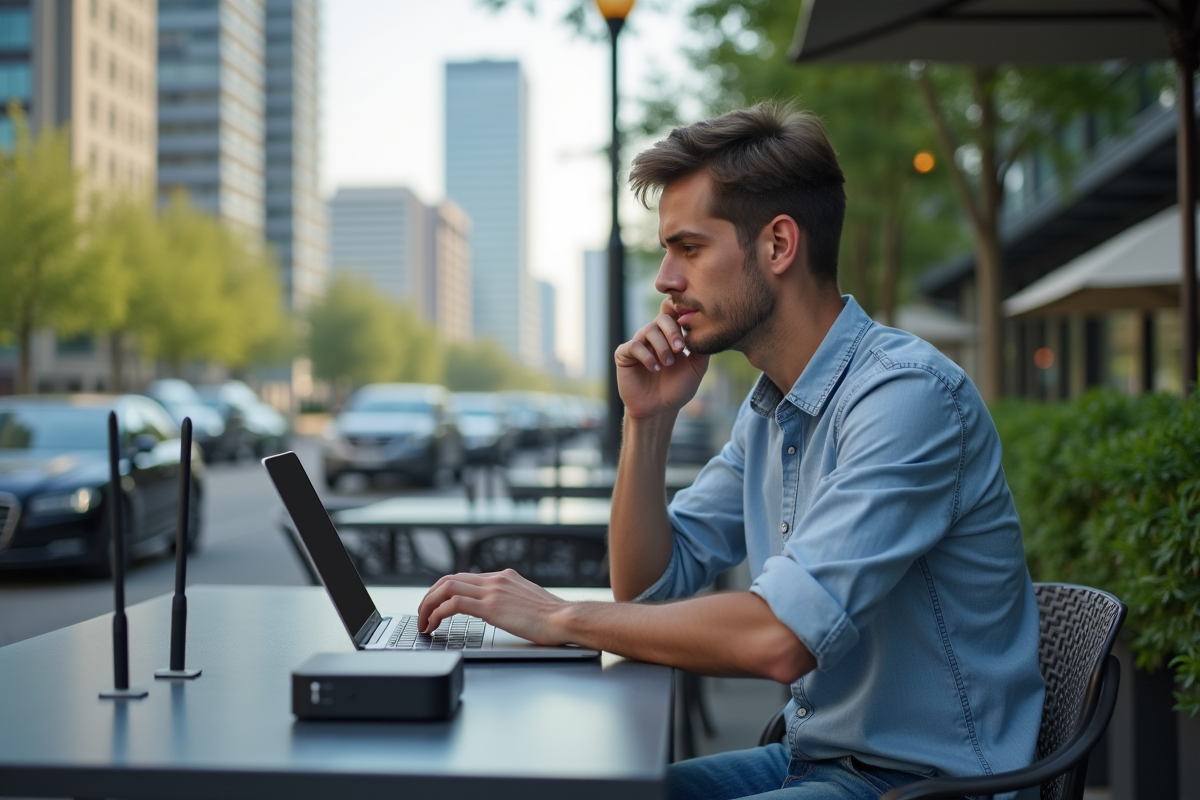 Jeune ingénieur informatique au café avec antennes 5G