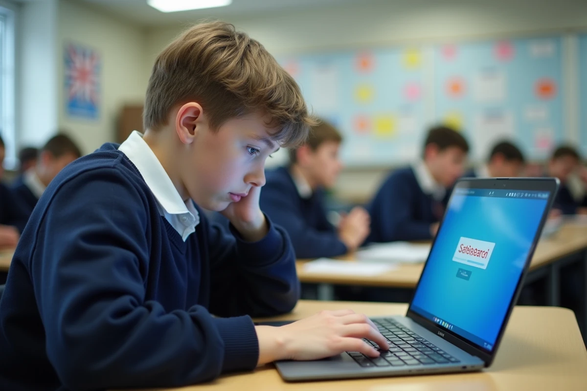 Adolescent en uniforme scolaire face à un ordinateur bloqué par SafeSearch