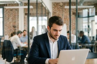 Jeune professionnel en costume dans un espace de travail moderne à Rennes